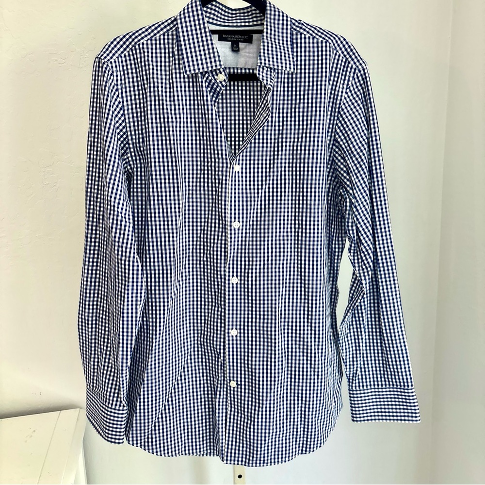 Banana Republic Gingham Print Dress Shirt, Slim Fit, Dark Blue/White, M